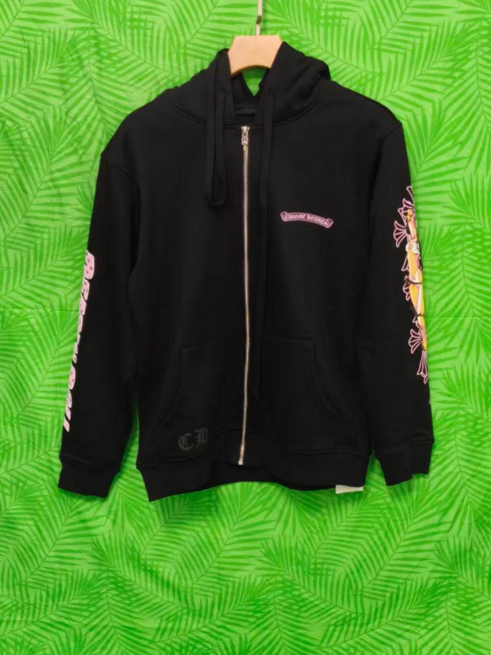 New Chrome Hearts Black Full Zip Hoodie Pink Cross Print Unisex